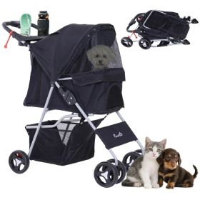 Dog Stroller, One-click Folding Pet Stroller with Cup Holder, 4 Wheels Travel Carrier w/ Brakes, 360Â° Swiveling Front Wheels, Storage Basket, for XS/