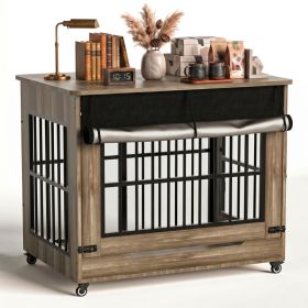 42in  Large Dog Crate Furniture, Double Door Wooden Indoor Dog Kennel Furniture, Decorative Pet Cage End Table With Wheels For Large Breed Dogs, Size (Option: GREIGE)