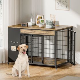 42-Inch Double Wide Wooden Double-Door Dog Crate Side Table Combo - Heavy-Duty DIY Assembly, Chew-Resistant Construction, Indoor Living Room Functiona (Option: 7008RUSTIC BROWN-42in)