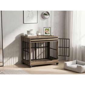 32in  Dog Crate Furniture, Double Door Wooden Indoor Dog Kennel Furniture, Decorative Pet Cage End Table With Wheels For Medium And Small Breed Dogs, (Option: GREIGE)