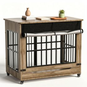 46in Large Dog Crate Furniture, Double Door Wooden Indoor Dog Kennel Furniture, Decorative Pet Cage End Table With Wheels For Extra Large Breed Dogs, (Option: GREIGE)