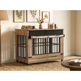 38in  Dog Crate Furniture, Double Door Wooden Indoor Dog Kennel Furniture, Decorative Pet Cage End Table With Wheels For Large And Medium Breed Dogs, (Option: GREIGE)